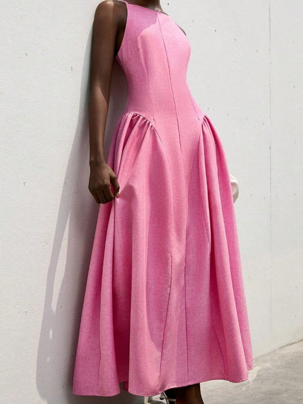 Pink Casual Women's Elegant Sleeveless Tie-Waist Pleated Flare Dress